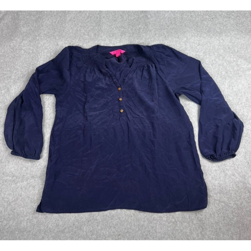 Lilly Pulitzer Elsa Silk Blouse Navy Smocked Gold Button Top LARGE Preppy Chic